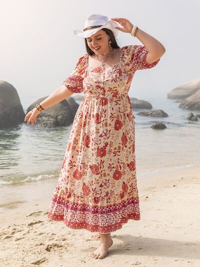 Pink Boho Plus Size Printed Square Neck Ruffle Hem Dress