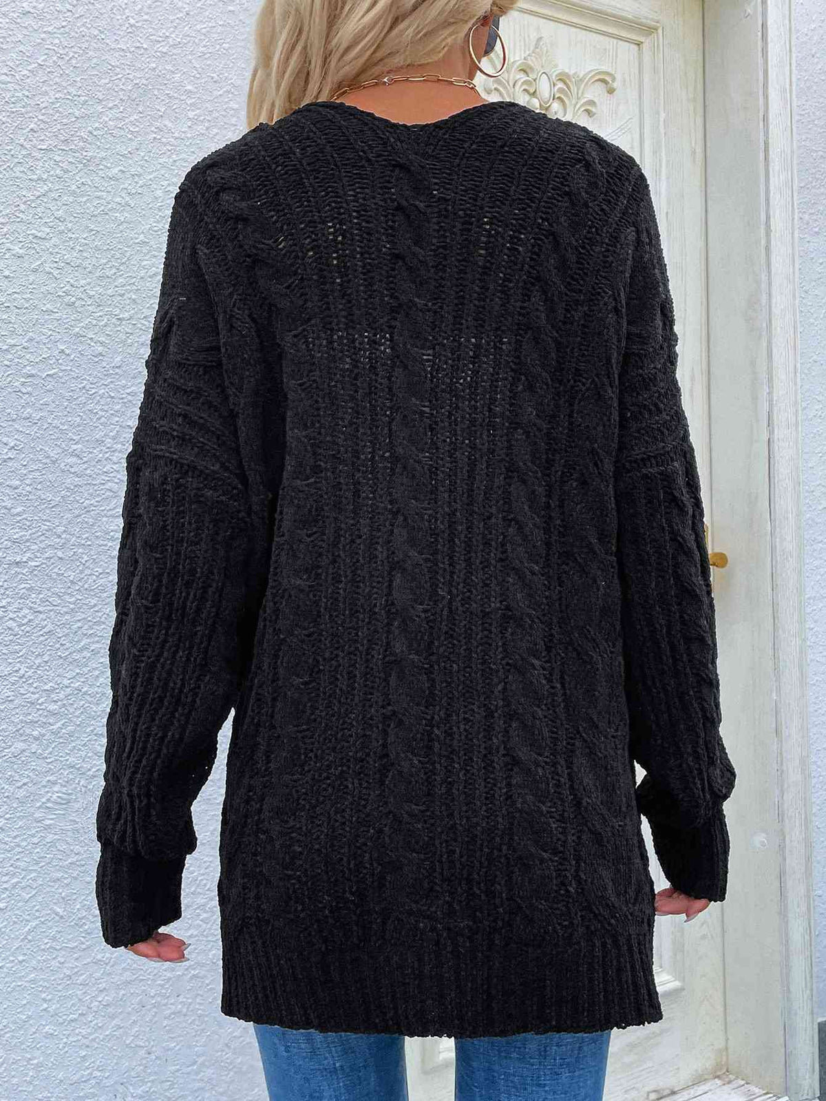 Woven Right Cable-Knit Open Front Cardigan with Front Pockets