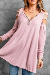 Ladies Casual Shirt Cut Out Waffle Knit Tunic Top