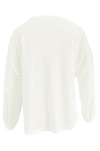 Women's White Long Sleeve Shirt Openwork Lace Detail Dropped Shoulder Boat Neck  Loose Fit Blouse