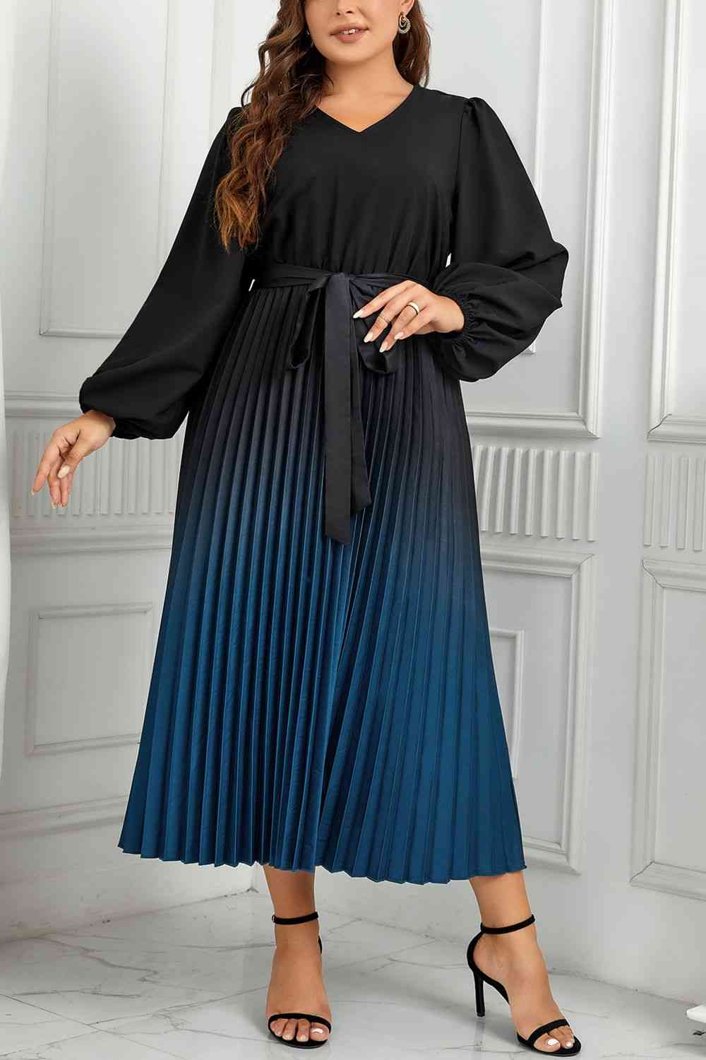 Womens Plus Size Dress Black and Blue  V-Neck Long Sleeve Pleated Tie Waist Midi Dress