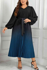 Womens Plus Size Dress Black and Blue  V-Neck Long Sleeve Pleated Tie Waist Midi Dress