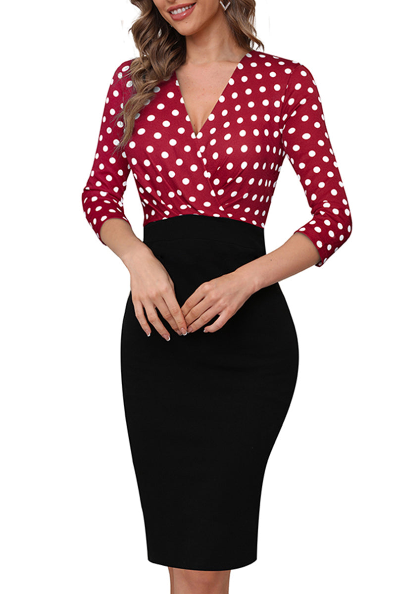 Surplice Neck Polka Dot Pencil Dress