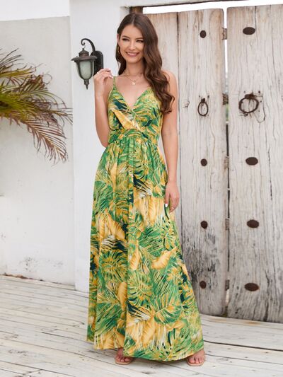 Vacation Jungle Printed Surplice Spaghetti Strap Maxi Dress