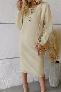 Buttoned Drop Shoulder Sweater Dress Casual Long Sleeve Dresses Loungewear