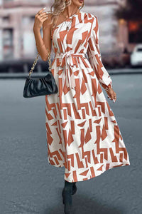 White and Black Printed One-Shoulder Tie Waist Long Dress