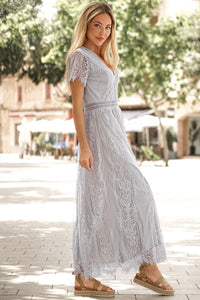 Casual Long Dress Women’s Fashion Scalloped Trim Lace Short Sleeve Plunge Maxi Dress