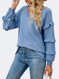 Women's Cotton Ruffled V-Neck Long Sleeve T-Shirt