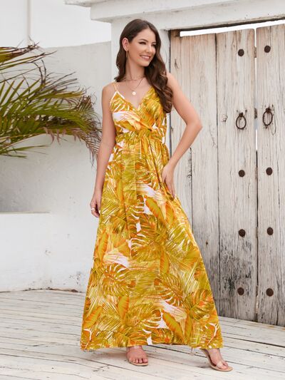 Vacation Jungle Printed Surplice Spaghetti Strap Maxi Dress