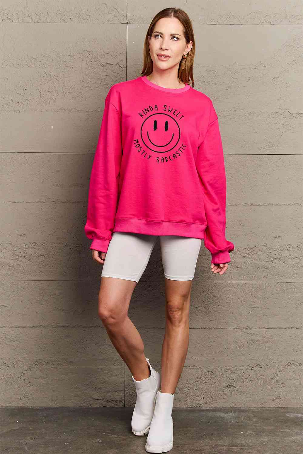 Smiling Face Graphic Sweatshirt Petite and Plus Size Fashion Sweater Happy Face