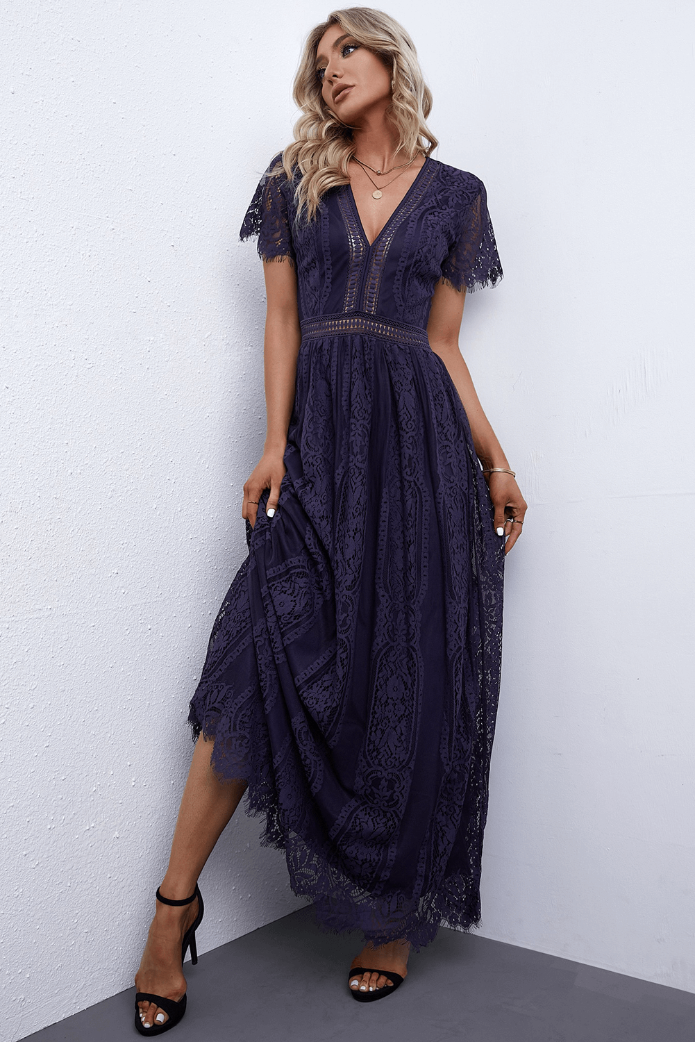 Casual Long Dress Women’s Fashion Scalloped Trim Lace Short Sleeve Plunge Maxi Dress