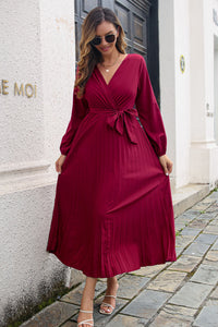 Pleated Long Sleeve Surplice Maxi Midi Dress