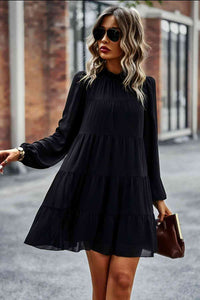 Womens Casual Tied Ruffle Collar Puff Sleeve Mini Dress