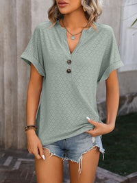 Eyelet Notched Short Sleeve T-Shirt Women's Shirts