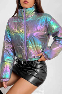 Gradient Zip-Up Oil Spill Chrome Winter Coat