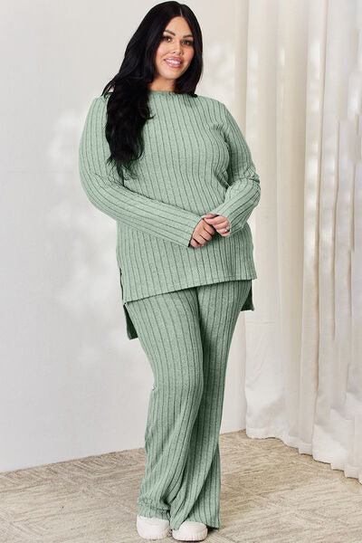 Matching Fashion Set  Ribbed High-Low Long Sleeve T-Shirt and Wide Leg Pants Set Casual Wear and Loungewear