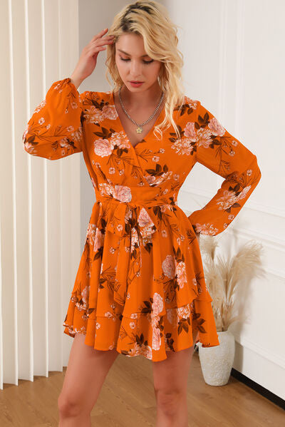 Womens Long Sleeve Orange Floral Surplice Layered Tie-Waist Short Mini Dress