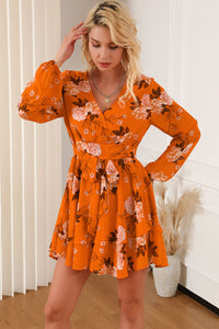 Womens Long Sleeve Orange Floral Surplice Layered Tie-Waist Short Mini Dress