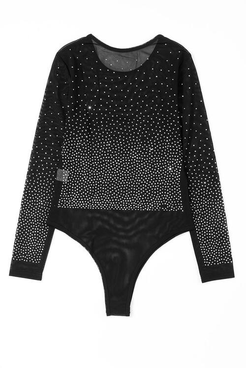 Rhinestone Embellished Mesh Long Sleeve Top, Bodysuit