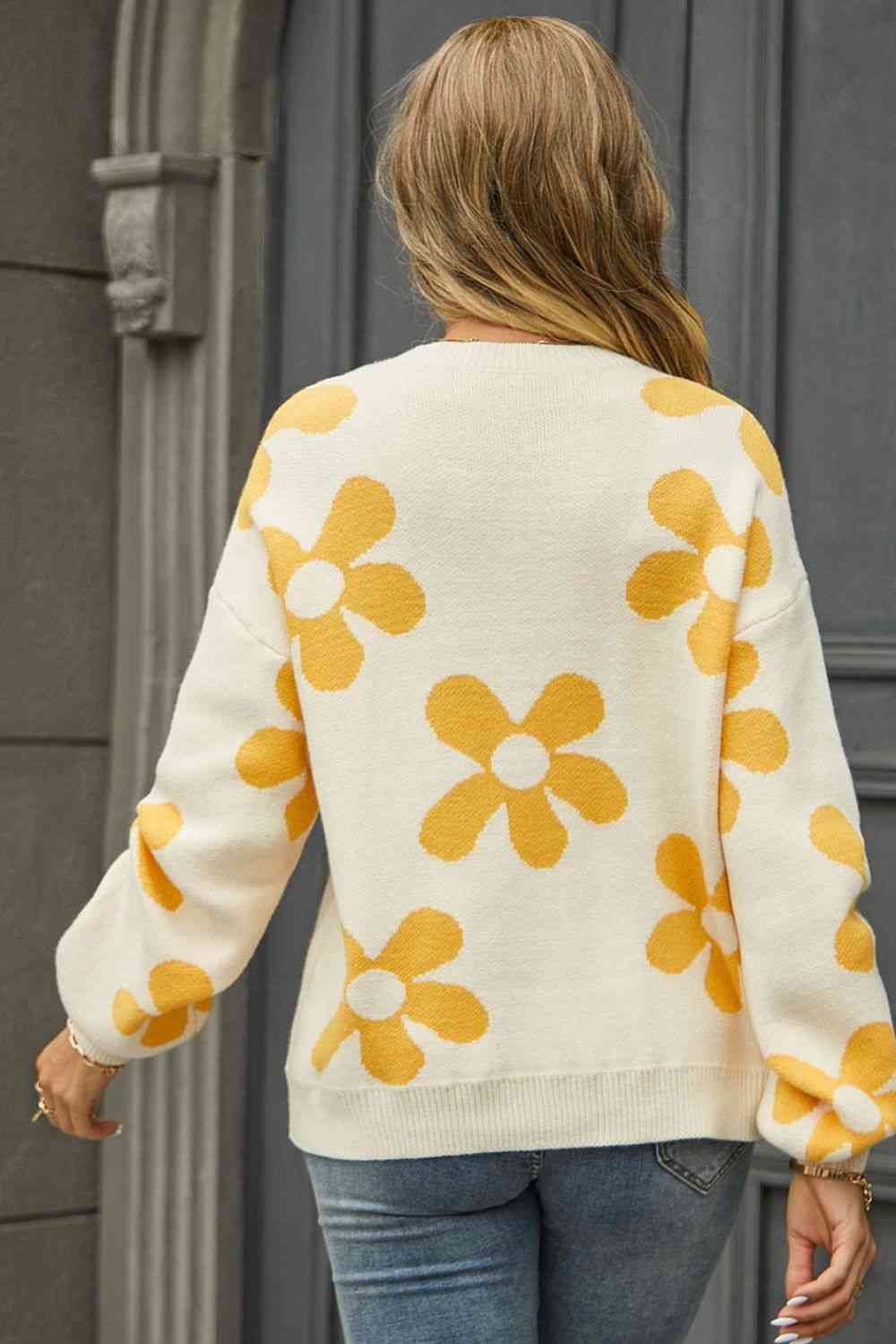 Floral Print Round Neck Dropped Shoulder Pullover Fashion Sweater