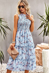 Frill Trim Smocked Sleeveless Floral Midi Dress