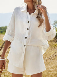 Matching Outfit Set Women's Fashion Texture Button Up Shirt and Shorts Set