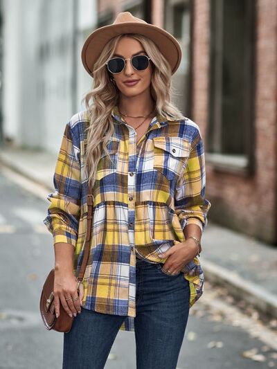 Plaid Button Up Dropped Shoulder Long Sleeve Shirt