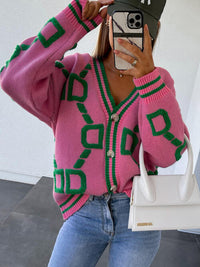 Geometric Dropped Shoulder Button Down Sweater Cardigan