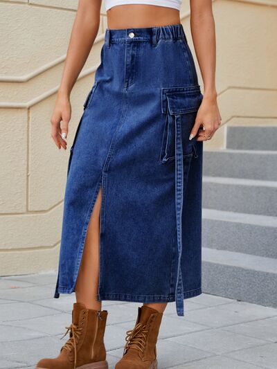 Slit Pocketed High Waist Denim Skirt with pockets