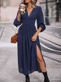 Womens Fashion Chiffon Dress Navy Blue V-Neck Long Sleeve Pleated Slit Dress Workwear and Casual