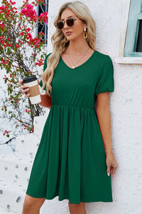 Womens V-Neck Balloon Short Sleeve Dress