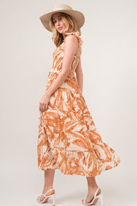 Orange Printed Casual Maxi Dress Women's Shoulder Tie Smocked Midi Tiered Dress women’s fashion summer dresse KESLEYs