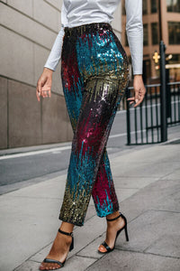 Womens Sparkly Pants Sequin Contrast High Waist Pants