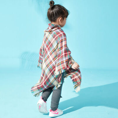 Plaid Horn Buckle Fringe Hem Shawl Girls Fashion Kids Clothing Sweater for Girls