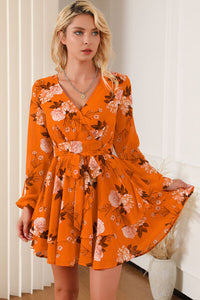 Womens Long Sleeve Orange Floral Surplice Layered Tie-Waist Short Mini Dress