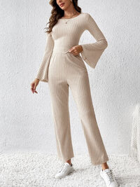 Ribbed Flare Sleeve Top and Pants Set, Loungewear Sets