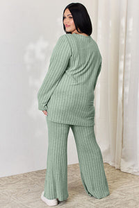 Matching Fashion Set  Ribbed High-Low Long Sleeve T-Shirt and Wide Leg Pants Set Casual Wear and Loungewear