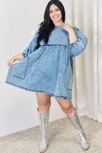 Women’s Oversized Denim Long Sleeve Babydoll Dress Full Size