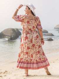 Pink Boho Plus Size Printed Square Neck Ruffle Hem Dress