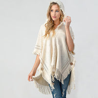 Fringed Crochet Buttoned Hooded Throw Over Fashion Sweater Poncho