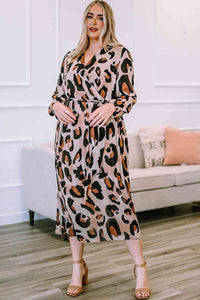 Plus Size Leopard Print Surplice Neck Long Sleeve Midi Dress