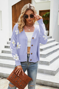 Flower Pattern Button Front Sweater Cardigan