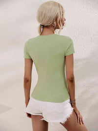 Womens Casual Shirt Cutout Round Neck Short Sleeve Knit Top