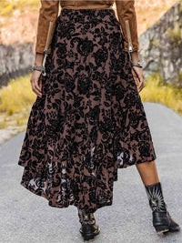 Boho Print Black Lace High Slit Printed Ruffled Midi Skirt