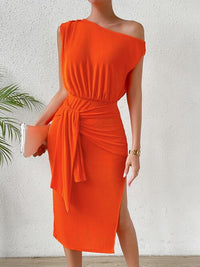 Women's Fashion Tie Front Off The Shoulder Orange High Slit Dress