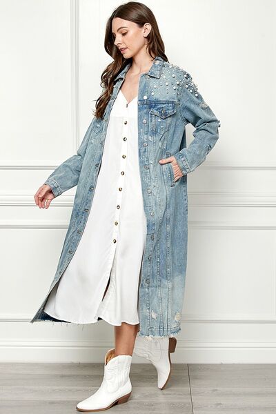 Women's Long Denim Jacket  Distressed Raw Hem Pearl Detail Button Up Light Shacket