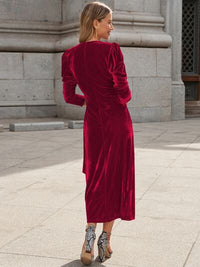 Surplice Puff Long Sleeve Velvet Waist Tie Wrap Midi Dress