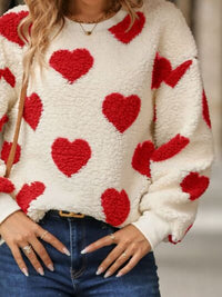 Fuzzy Heart Print Fashion Sweater Dropped Shoulder Sweatshirt