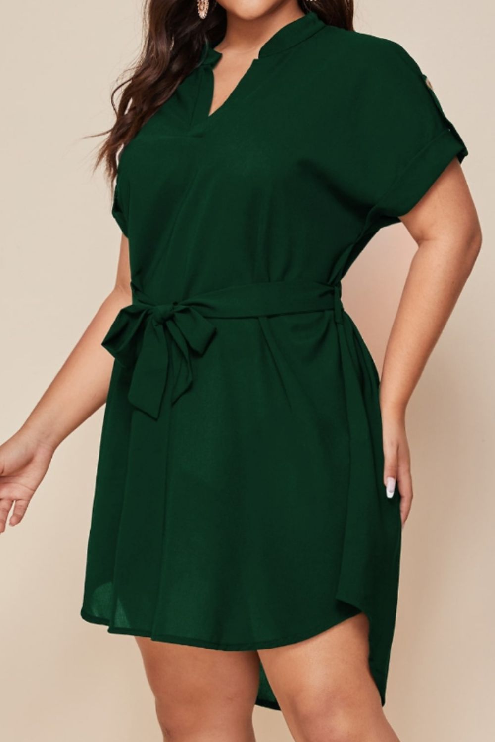 Plus Size Notched Tie Waist Mini Dress Women's Fashion Short Sleeve Short Dresses