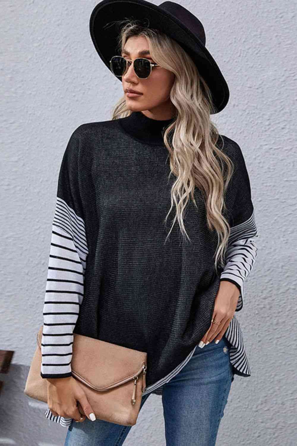 Womens Striped Long Sleeve Shirt Mock Neck Knit Pullover